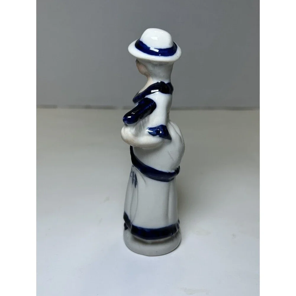 Vintage Victorian/Colonial Porcelain Lady Playing Instrument Figurine White/Blue